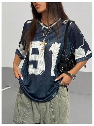 GORGLITTER Women's Star Number Graphic Jersey T Shirts V Neck Half Sleeve Loose Streetwear Tops thumbnail 5