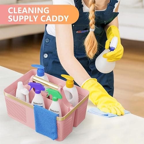 BYUNER Shower Caddy Dorm Plastic: Portable Bathroom Caddy Organizer with Handle and Holes, Cleaning Caddy, Hard Shower Basket Storage Tote for Toiletry, College Dorm Room Essentials Pink/Gold thumbnail 5