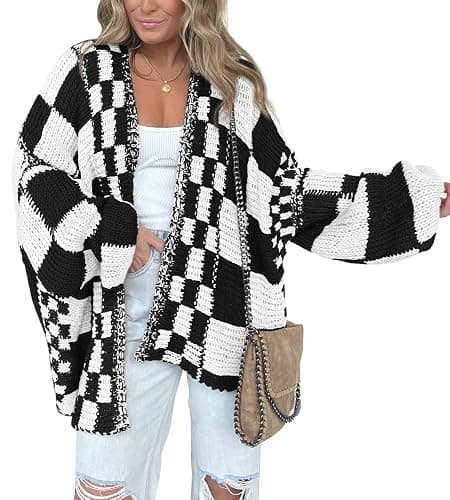 BTFBM Casual Cardigan Sweater for Women Fall 2025 Long Sleeve Open Front Chunky Knit Sweaters Checkered Outwear Coat - Image 1