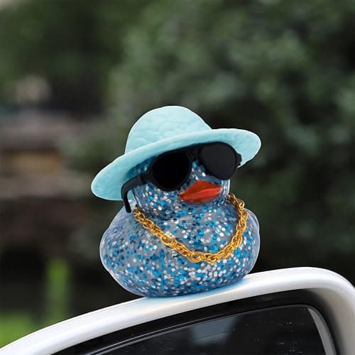 wonuu Shining Rubber Ducks with Plastic Sunglasses Swim Ring Necklace Hat, Glittering Cute Car Accessories Decor Dashboard Decorations Duck Pink Ducky, Straw-Blue Aa-black Glasses-straw-blue thumbnail 2