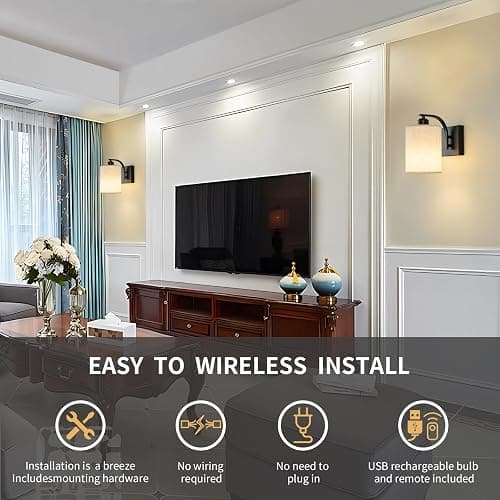 Powfloven Black Rechargeable Battery Operated Wall Sconces Set of 2 with Remote, Wireless Dimmable Battery Powered LED Wall Lights, Cordless Wall Lighting Lamp Fixture for Bedroom Living Room thumbnail 7