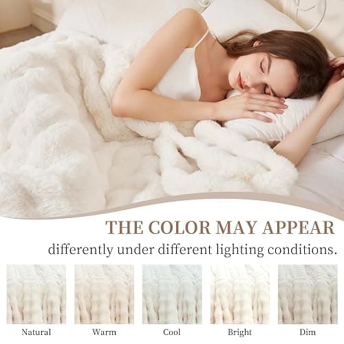 Faux Rabbit Fur Throw Blanket for Couch, Fluffy Warm Plush Thick Bubble Blanket for Bed Sofa Living Room, Soft Cozy Furry Blanket, 50x60 inches, Cream White thumbnail 7