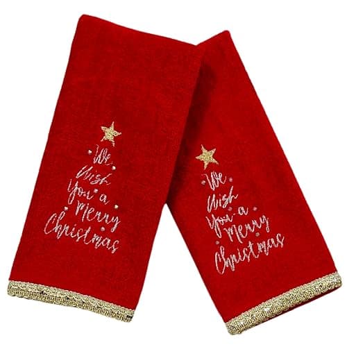 Serafina Home Holiday Christmas Bath Fingertip Towels, Embroidered Gold We Wish You a Merry Christmas with Gold Lace Hem, 2 Piece Set, 12 x 18 inches, 100% Cotton - Image 1