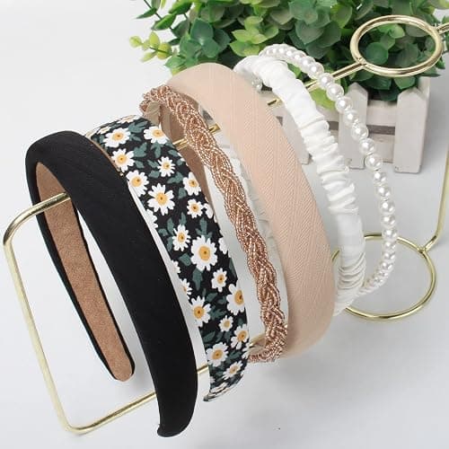 Cuizhiyu 6PK Different Designs Headbands for Women, Non-Slip Flower, Cute Pearl, Twisted, Black White Solid Headbands Set thumbnail 2