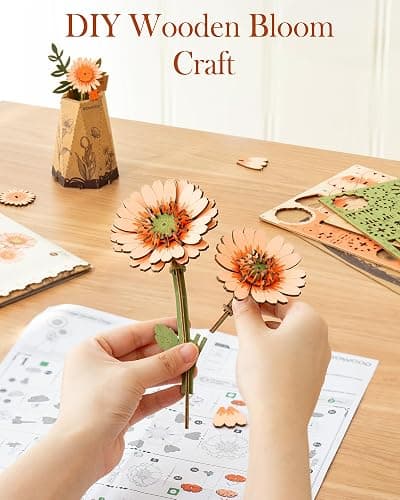Wowood 3D Flower Wooden Puzzles for Adults-Gerbera Daisy, DIY Wooden Flowers Model Kit Building Set Crafts for Adults to Build, Botanical Collection/Ideal Creative Gift Ideas/Housewarming (105PCS) thumbnail 6