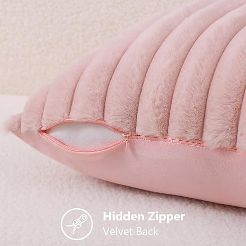 decorUhome Pink Throw Pillow Covers 16x16 Inch Set of 2, Faux Fur Velvet Decorative Pillow Covers, Fuzzy Striped Cushion Covers Pillow Cases for Sofa Couch, Living Room Home Decor thumbnail 3