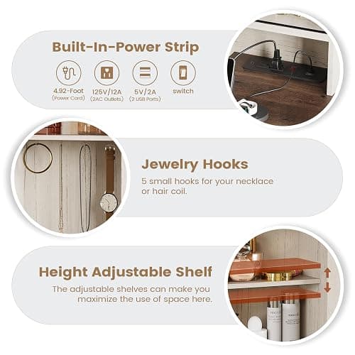 AOGLLATI Makeup Vanity with Lights & Barn Doors, Vanity Desk with Mirror and Lights & Charging Station, Farmhouse White Vanity Table with Jewelry Hooks and Open Storage Shelves thumbnail 4