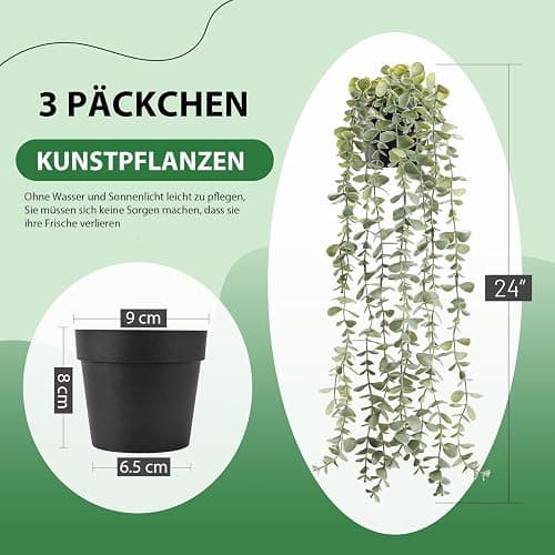 Der Rose Künstliche Pflanzen zum Aufhängen, künstliche Eukalyptus-Pflanzen für Boho, Badezimmer, Zuhause, Wandregal, Bücherregal, Dekoration, Innenbereich, 3 Stück thumbnail 3