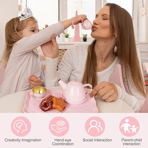 iAOVUEBY Tea Party Set for Little Girls, 49PCS Princess Tea Time Toys Including Tea Set Dessert Carrying Case, Kids Kitchen Pretend Playset, Tea Set for Girls Birthday Toddler Age 3-8, Pink thumbnail 6