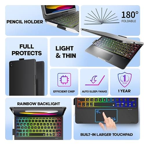NOKBABO for iPad 10th 11th (A16) Generation Case with Keyboard, iPad Air 11 inch case (M3/M2), Keyboard for iPad Pro 11 (4th/3rd/2nd/1st) & iPad Air 5/4th, Trackpad, 360° Swivel, Backlit - Matt Black thumbnail 4