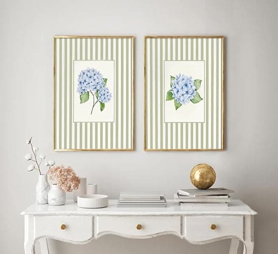 Blue Hydrangea Wall Art Sage Green Striped Rustic Farmhouse Floral Pictures Wall Decor French Country Botanical Posters Vintage Grandmillenial Flower Painting Print Artwork for Bedroom Dorm, Unframed thumbnail 7