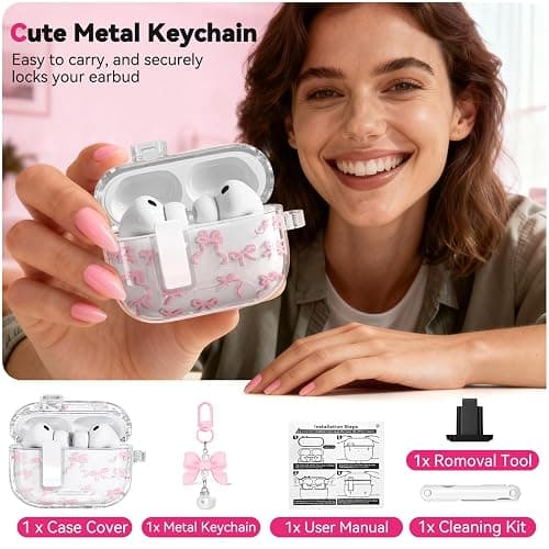 for AirPods Pro 3 Case with Secure Lock & Phone Stand, Bow-Print Clear Case for Apple AirPods Pro 3rd Generation 2025 Cover with Cleaner Keychain for Women Girly, Pink, Auto-Open Lid thumbnail 6