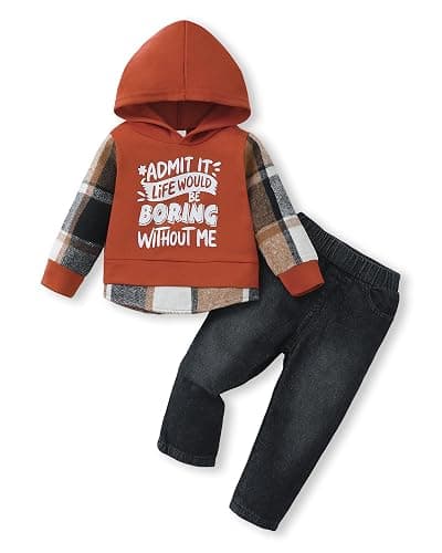NZRVAWS Toddler Baby Boy Clothes Letter Printed Plaid Hoodie Shirt Denim Ripped Jean Pants Infant Fall Winter Outfits 6M-8T - Image 1