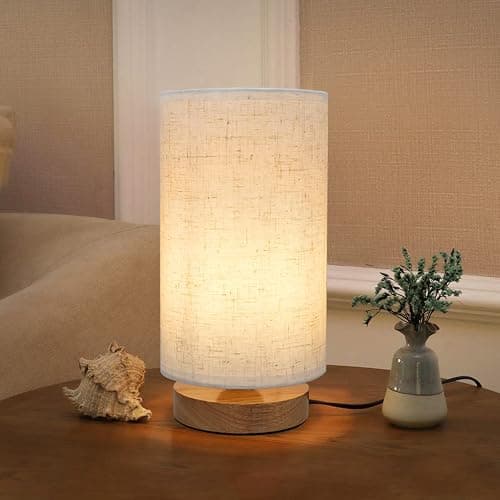 Small Bedside Night Table Lamp for Bedroom, Minimalist Nightstand Lamp with Round Fabric Linen Shade, Study Reading Desk Lamp for Kids Room, Living Room, College Dorm, Home, Office - Image 1