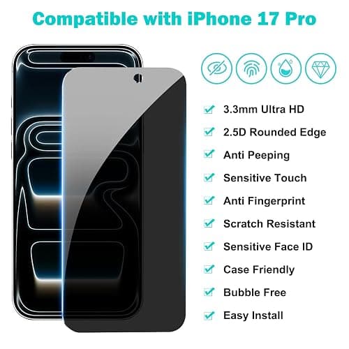 PEHAEL 3+3Pack for iPhone 17 Pro Privacy Screen Protector with Camera Lens Protector Full Coverage Anti-Spy Tempered Glass Film 9H Hardness Easy Installation Bubble Free [6.3 inch] thumbnail 2