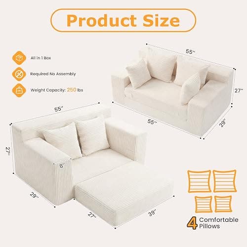 Winzoo Boneless Loveseat Sleeper Sofa Bed, 3-in-1 Convertible Sofa Bed and Futon Couch with 4 Pillows, 55" Beige Boneless Couch for Living Room, Guest Room, Small Space, No Assembly Required, Corduroy thumbnail 2