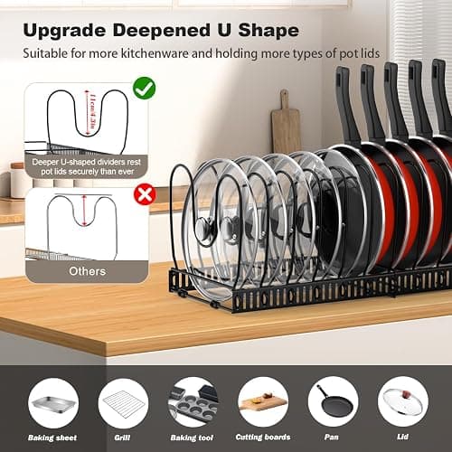 Housolution Pot and Pan Organizer Rack for Cabinet, Expandable Pot Lid Organizer Holder with 14 Adjustable Dividers, Fully Expanded Size 22.83" W x 7.09" D x 7.09" H, Black thumbnail 3