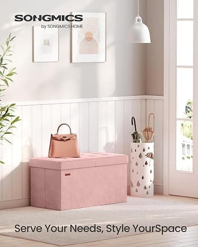 SONGMICS Mazie Collection - 30 Inches Storage Ottoman, Foldable Storage Bench with Flipping Lid, 660 lb Load Capacity, for Entryway, Living Room, Bedroom, Velvet Fabric, Jelly Pink ULSF048SA03 thumbnail 3