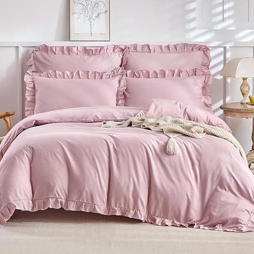 Lekesky Ruffle Duvet Cover Queen Size, Farmhouse Shabby Chic 3 Pieces Washed Microfiber Pink Girls Bedding Set, Soft Aesthetic Queen Comforter Cover with Ruffled Edges, Zipper & Corner Ties - Image 1