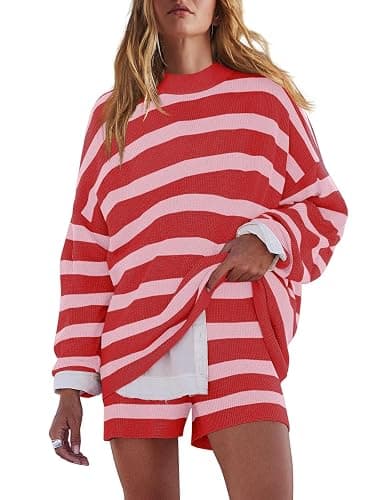 LAMISSCHE Womens Oversized Lounge Sets 2 Piece Outfits Striped Matching Pajama Set Long Sleeve Sweater Set - Image 1