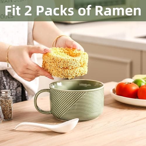 Adewnest Soup Bowls with Handles, Microwave Safe 38 Oz, Green | Extra Large Ceramic Soup Mug with Handle & Spoon - Oversized Ramen Bowl Set of 2, 6 Inch thumbnail 5