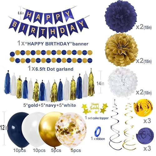 YGYXMY Birthday Decorations for Men, Navy Blue and Gold Party Decorations Set - Happy Birthday Banner, Balloons, Tissue Pompoms, Swirls, Tassels Garland thumbnail 3