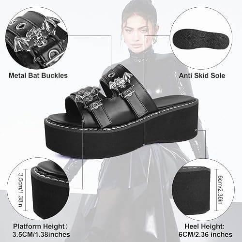 Gothniero women black platform sandals goth chunky wedge heel summer sandals girls gothic punk platform sandals for women metallic spider buckles slides size 5.5-11 thumbnail 4