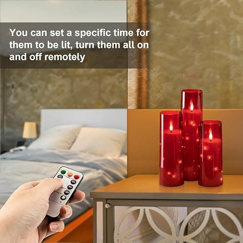 Raycare Valentines Day Flameless Candles with Embedded Star String, 5 Pcs Battery Operated Acrylic Pillar Candles with Timer and Remote, LED Candles for Romantic Ambiance and Home Decoration(Red) - Red thumbnail 8