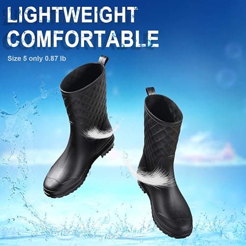 Petrass Women Rain Boots Black Waterproof Mid Calf Lightweight Cute Booties Fashion Out Work Comfortable Garden Shoes thumbnail 4