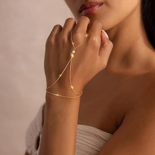 Fezodo Gold Hand Chain Bracelets for Women, 14K Gold Plated Dainty Ring Bracelet Hand Chain Trendy Finger Ring Bracelet Hand Chains Jewelry Gifts for Women thumbnail 2