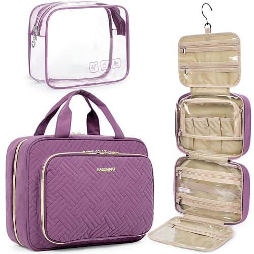 BAGSMART Toiletry Bag Hanging Travel Makeup Organizer with TSA Approved Transparent Cosmetic Bag Makeup Bag for Full Sized Toiletries, Large-Purple - Image 1
