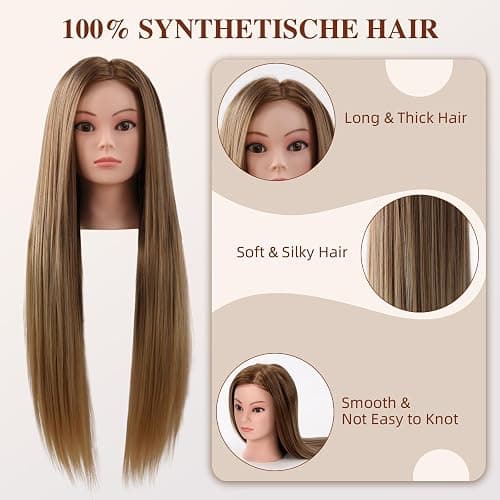 24" Hairdressing Head, Mannequin Head with Synthetic Fiber Hair Manikin Practcie Training head for Hair Styling Blonde Gradient Styling Head with Clamp Hair Braid Accessoires Set thumbnail 4