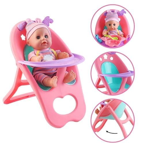 deAO 12” Baby Doll Play Set with Crib, Mobile, High Chair Feeding Accessories, Interactive Dolls for Girls Kids Pretend Play Baby Dolls 21 PCS thumbnail 4