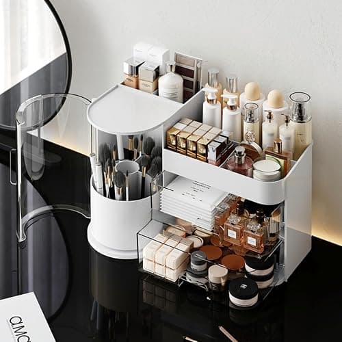 Makeup Organizer with Rotating Brush Holder Cosmetic Organizer with Drawers Countertop Skincare Organizer for Vanity,Cosmetic Display Case Storage (White, Large) thumbnail 5