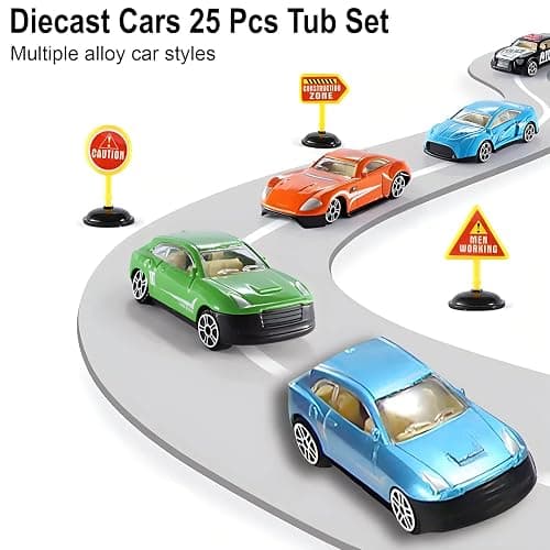 25 Piece Diecast Cars Pack Toy Playset in Storage Carrying Tub - 1:64 Scale Metal Alloy Die-cast Vehicles Collection for Kids thumbnail 4