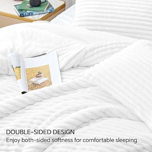 BEDELITE Fleece Queen Comforter Set -Super Soft & Warm Fluffy Bright White Bedding, Luxury Fuzzy Heavy Bed Set for Winter with 2 Pillow Cases thumbnail 5
