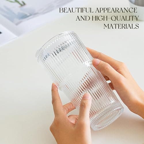KEMORELA 2-Pack 20 oz Ribbed Glass Tumblers with Lids and Glass Straws – Vintage Iced Coffee Cups, Reusable Smoothie & Cocktail Drinking Glasses, Clear Glassware for Home or Cafe thumbnail 4