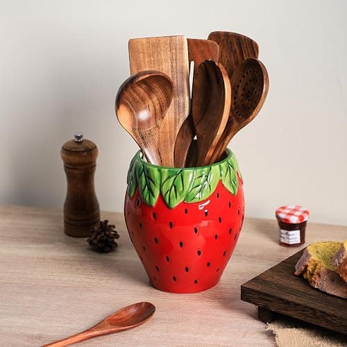 Bicuzat Strawberry Shaped Ceramic Kitchen Utensil Holder, Large Cooking Utensil Crocks for Kitchen Countertop, Ceramic Utensil Organizer for Spatula, Kitchen, Home Decoration-Retro Red thumbnail 2