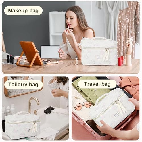 GISMTR Makeup Bag, Floral Quilted Cosmetic Bag, Large Travel Aesthetic Make up Bag, Cute Coquette Toiletry Bag for Women Girls thumbnail 4