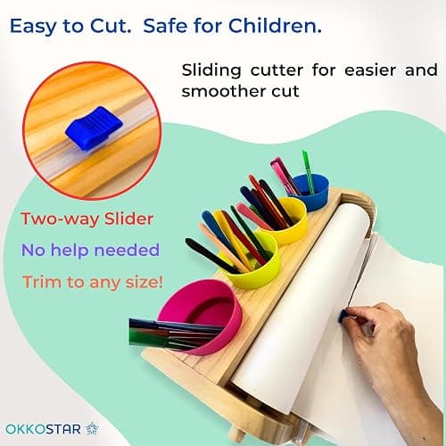 Wooden Tabletop Paper Roll Dispenser with Safety Sliding Cutter - Kids Art Easel with Roll of Paper (11.4”x 98.4ft)- Pencil Cups and Drawing Kit 30 Piece Set (Safety Sliding Cutter) thumbnail 6