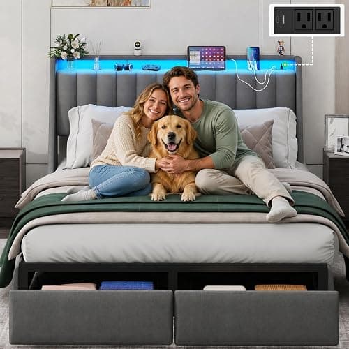 Queen Bed Frame with 2 Storage Drawers, Platform Bed Frame Queen Size with LED Light, Upholstered Headboard, Charging Station, Steel Slat Support, No Box Spring Needed, Noise-Free, Easy Assembly, Gray thumbnail 3