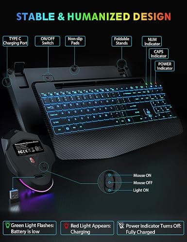 Wireless Keyboard and Mouse Backlits, Wrist Rest, LED Mouse, Rechargeable Ergonomic Keyboard with Phone Holder, Silent Light Up Combo for Computer, Mac, PC, Laptop, Chromebook (Black) thumbnail 7