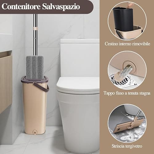 MASTERTOP Mocio Lavapavimenti e Secchio Strizzatore, Mocio Piatto Rotante a 360° e Secchio Autolavaggio, Mop a Mani Libere in Microfibra , con 6 Tamponi Riutilizzabili (Beige) thumbnail 7