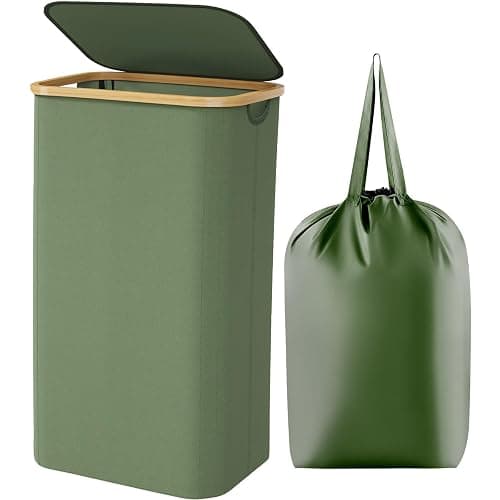 Lifewit 100L Laundry Basket with Lid, Clothes Hampers for Laundry with Bamboo Handles and A Removable Bag, Large Foldable Laundry Hamper for Bedroom, Bathroom, Dorm, Laundry Room, Green - Image 1