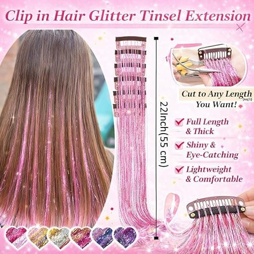 Hair Tinsel 12 Pcs Clip in Hair Tinsel Kit for Girls 22 Inch Glitter Fairy Tinsel Hair Extensions Colorful Heat Resistant Party Festival Accessories for Women (pink/multicolor-12 Pcs) thumbnail 4