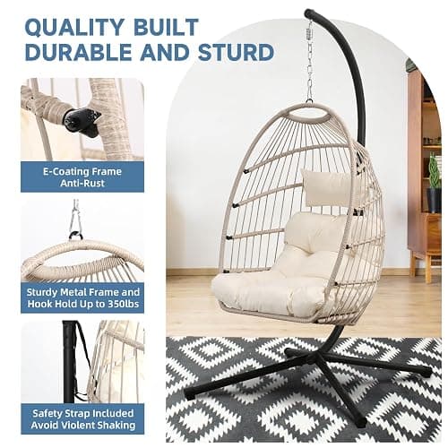 Goutime Hanging Egg Chair with Stand and Waterproof Cover, Foldable Egg Swing Chair with UV Resistant Cushion 450lbs Capacity for Indoor Bedroom Garden Backyard (Apricot Gray) thumbnail 3