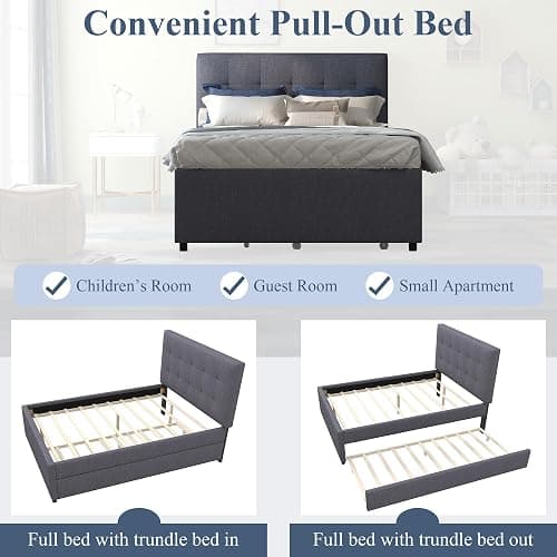 civama Full Bed with Trundle, Upholstered Full Over Twin Pull Out Platform Bed with Soft Linen Headboard & Wooden Slat Support for Bedroom Apartment, No Box Spring Needed, Grey thumbnail 8