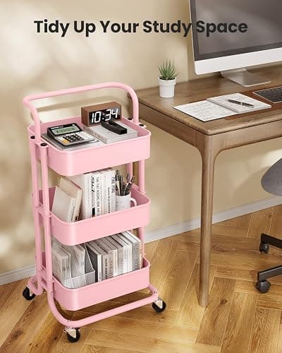 Pipishell 3 Tier Mesh Utility Cart, Rolling Metal Organization Cart with Handle and Lockable Wheels, Multifunctional Storage Shelves for Kitchen Living Room Office Pink thumbnail 7