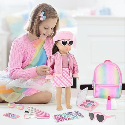 Ecore Fun 17 Pcs American 18 Inch Doll Accessories Cosmetic Set with Backpack & Outfits | Pretend Play Makeup Kit for 18" Dolls | Includes Lipstick, Eyeshadow, Brushes, Accessories & Stylish Clothes thumbnail 3