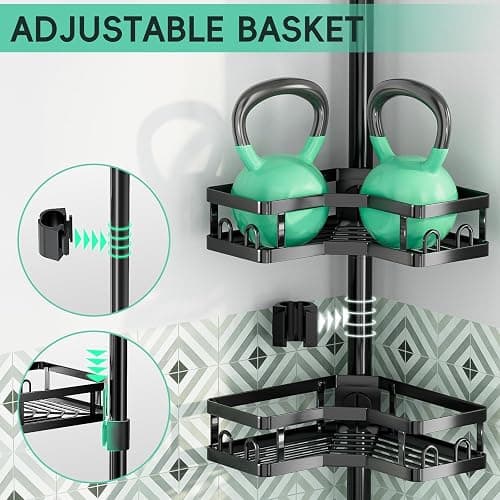 HEVEL Corner Shower Caddy Tension Pole, Adjustable Shower Organizer Corner 62-115 Inch, Rustproof Bathroom Storage Shower Shelves, Black thumbnail 7